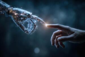 A human hand and a robotic hand reach toward each other, almost making contact. The robot hand glows faintly, symbolizing interaction between technology and humanity. photo