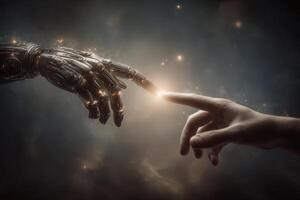 A human hand reaches toward a futuristic robotic hand in a dark, star-filled background. Their fingertips are close, creating a connection with bright sparks of light between them, symbolizing unity. photo