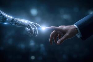 A human hand reaches out to touch a robotic hand, creating a moment of connection. The background is dark and blurred, emphasizing the interaction. photo
