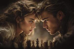 Two individuals focus intensely on each other across a chessboard, highlighting a moment of suspense and strategy. The warm lighting and close proximity create an intimate atmosphere. photo