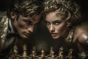 A couple dressed in elegant vintage attire faces each other with intense expressions over a chessboard. The soft lighting enhances the atmosphere, creating a dramatic and captivating moment. photo