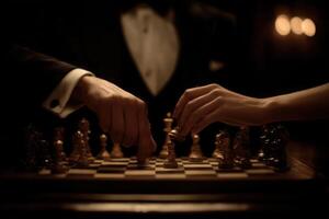 Two players engage in a focused chess match, their hands poised over the pieces on a wooden board. The ambiance is dark and moody, suggesting a tense atmosphere. photo