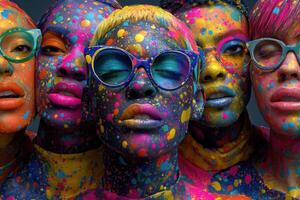 Five individuals showcase their artistic expressions with colorful face paint in a creative gathering. Each face exhibits a different design, emphasizing bold colors and playful patterns. photo