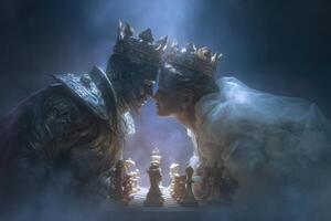 A royal chess match unfolds in a misty atmosphere, featuring ornate kings and queens focused on each other. photo
