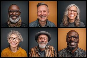 Six individuals with cheerful smiles are displayed in a vibrant studio backdrop. photo