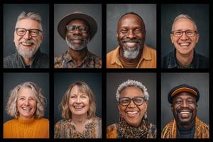 A vibrant collection features eight individuals smiling happily, showcasing a variety of ages, styles, and backgrounds. Each person expresses warmth and positivity, set against a simple backdrop. photo