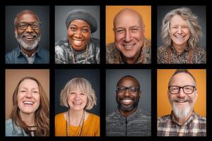 Eight smiling individuals are captured in a grid format, each displaying happiness. photo