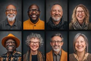 Eight adults of different ages and ethnicities display genuine smiles in individual portraits. Each person is dressed in colorful clothing and unique accessories, set against dark backgrounds. photo