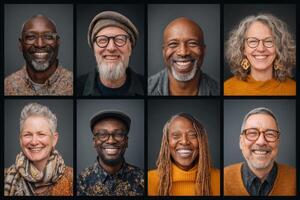 A collection of smiling individuals from various backgrounds showcases diversity and warmth. Each person exudes happiness, contributing to a welcoming and inclusive environment. photo