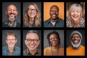 Eight individuals in a grid display a range of smiles and expressions, showcasing diversity and warmth. The backdrop features contrasting colors, highlighting their joyful moment together. photo