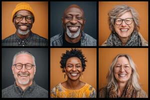A collection of six cheerful adults, each displaying bright smiles, poses against a warm orange backdrop. Their expressions convey happiness, showcasing diversity in age and style. photo