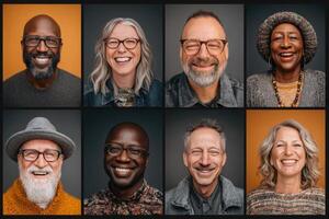 A collection of eight portraits features diverse individuals smiling and expressing joy against vibrant backdrops. photo