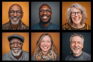 Six individuals are portrayed with joyful expressions, highlighting diversity in age and ethnicity. The background features warm tones, creating a welcoming atmosphere of celebration and togetherness. photo