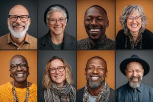 Nine individuals with various hairstyles and glasses exhibit joyful smiles against a warm background. Each person showcases a unique style and personality, reflecting diversity and positivity. photo