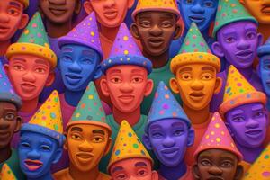 A crowd of brightly colored figures with cheerful expressions wears festive party hats adorned with multicolored dots. photo