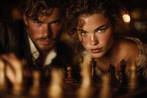 Two players engage in a tense chess match, their expressions revealing concentration. The soft lighting enhances the atmosphere, focusing attention on the game and their determined faces. photo
