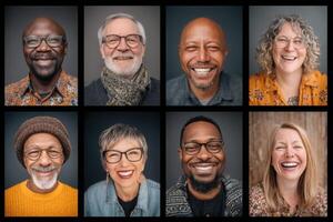 A group of eight individuals, representing diverse backgrounds, share warm smiles and laughter. photo