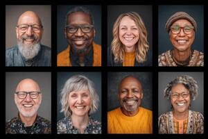 A collection of diverse individuals smiling warmly at the camera, each with unique features and expressions. They are dressed in colorful attire against a dark background, radiating positivity. photo