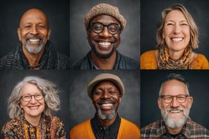 Six adults with varied hairstyles and styles smile brightly against a neutral background, expressing happiness and confidence. Each person showcases their own fashion sense and personality. photo