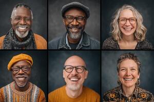 Six adults, representing various backgrounds, smile brightly against a dark background. Their attire varies, reflecting personal style while exuding happiness and positivity during a photo session.