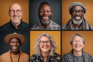 A cheerful group of six individuals with varied backgrounds and styles stands against a warm orange backdrop. photo