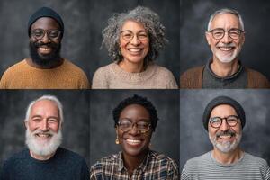 Six cheerful adults showcase their unique features and expressions, reflecting joy and warmth. Their hairstyles and clothing highlight personal styles in a close-up, split layout. photo