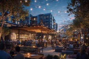 This lively outdoor area features people enjoying dinner under string lights during twilight. Modern buildings surround the bustling space, adding to the vibrant urban vibe of the evening. photo