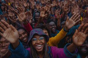 A large crowd of smiling people raises their hands in excitement during a festive outdoor event. The atmosphere is lively and filled with joy, showcasing a strong sense of community and celebration. photo