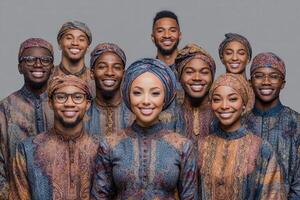 A diverse group of ten individuals stands together, wearing vibrant traditional outfits with matching headwear. They smile happily against a neutral background, showing a sense of unity and joy. photo