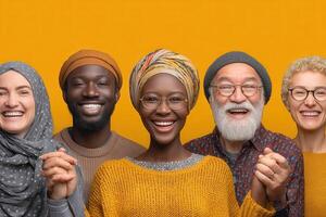 A joyful gathering of five diverse people of different ages and backgrounds is holding hands and smiling. They are dressed in colorful clothing, set against a vibrant yellow backdrop. photo