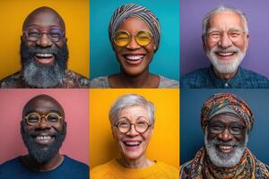Six adults of varying ages and ethnicities express joy with wide smiles, framed against bold, colorful backgrounds. Each displays unique styles, featuring glasses and distinct headwear. photo