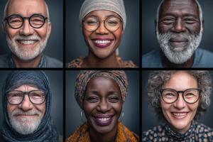 Six individuals of varied backgrounds smile warmly, showcasing joy and personality through their expressions and distinctive attire. photo