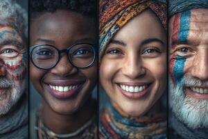 Four individuals display vibrant smiles and unique facial adornments, reflecting cultural diversity and shared happiness. Their expressions convey warmth and connection, capturing a meaningful moment. photo