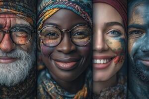 Four individuals display a variety of artistic face paint and colorful scarves, each expressing unique cultural elements. The atmosphere appears lively and celebratory, highlighting diversity and joy. photo