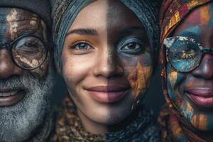 Three individuals stand side by side, each displaying unique cultural face paint patterns. Their expressions convey pride and connection while highlighting the beauty of diversity. photo