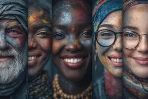 Five portraits feature individuals with colorful face paint representing various cultures. Each person expresses joy and pride through their smiles. photo