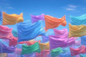 Vibrant flags in various colors flutter against a clear blue sky, creating a lively atmosphere. The dynamic movement of the fabric showcases a festive and cheerful setting. photo