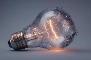 A vintage light bulb illuminates with vibrant sparks and floating particles, creating a magical effect. The background is a soft gradient, enhancing the bulbs warm glow. photo