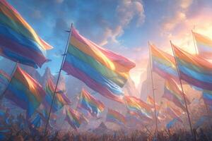 A multitude of rainbow flags stands tall in the foreground, creating a vibrant display during a lively celebration. The sun sets behind distant mountains, casting a warm glow. photo