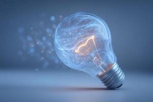 A light bulb is positioned on a smooth surface, glowing with a brilliant filament. Surrounding it are sparkling particles, creating an enchanting atmosphere of innovation and creativity. photo