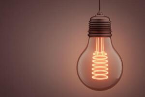 Vintage light bulb hangs from the ceiling, showcasing a glowing spiral filament. The warm light casts a soft ambiance in a minimalist setting, creating a cozy atmosphere suitable for relaxation. photo