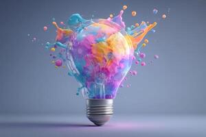 A creative depiction of a light bulb filled with vibrant splashes of paint in various colors. The artwork is set against a simple gray background, exuding energy and creativity. photo