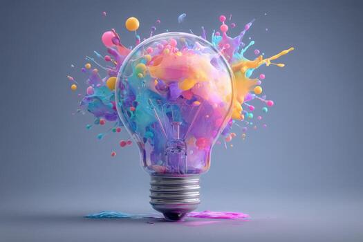 A vibrant light bulb filled with splashes of pink, blue, and yellow paint creates a dynamic display of color. The scene captures the essence of creativity and imagination in a modern artistic style. photo