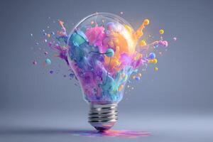 A light bulb filled with vibrant colors bursts, sending splashes of blue, pink, and orange around it. This artistic representation illustrates the concept of creativity and inspiration. photo