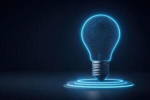 A bright blue light bulb is placed on a dark surface, surrounded by neon rings. The bulb has a digital appearance with glowing, intricate details. The setting creates a futuristic vibe. photo