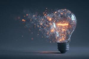 A light bulb appears to shatter, releasing glowing particles and sparks into the air. The background is dark, emphasizing the brightness of the light and the dynamic movement of the fragments. photo