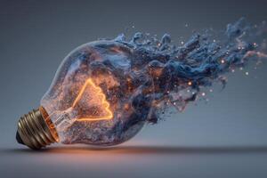 A light bulb emits an orange glow while surrounded by vibrant, swirling smoke and sparkling particles. The captivating effect creates a sense of movement and energy, evoking innovation and creativity. photo