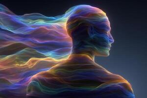 A colorful silhouette of a person stands against a dark backdrop, with flowing hair and intricate swirling patterns surrounding them. The composition evokes feelings of movement and creativity. photo