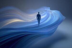 A figure stands serenely amidst ethereal waves of blue light, creating a tranquil atmosphere. The gentle curves and luminescent tones evoke a sense of peace and introspection. photo