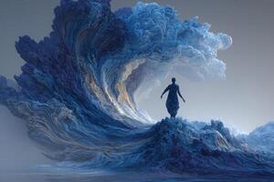 A figure walks on a wave made of swirling blue clouds, blending art and nature. This surreal scene captures a tranquil yet dynamic atmosphere during twilight. photo